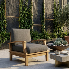 Anderson Teak Brianna deep seating armchair in natural wood finish, outdoor accent chair with plush cushions and stylish design.