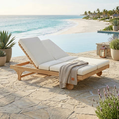 Anderson Teak Bel-Air double sun lounger in teak wood with cushions, outdoor patio garden lounge in designer colors.