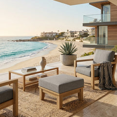 Anderson Teak Riviera Ottoman in designer colors, a luxury outdoor teak footstool perfect for patios and outdoor seating.