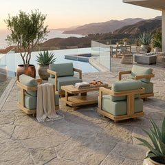 Anderson Teak SET-905 5-piece Granada deep seating outdoor patio swivel chair set with teak finish for garden lounge.