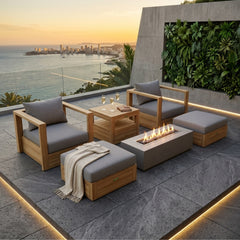 Set of two teak wood armchairs and two ottomans from Anderson Teak in designer colors, ideal for outdoor garden lounge.
