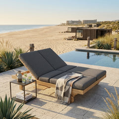 Anderson Teak BEL-AIR double sun lounger in teak wood with 9 designer color options, perfect for outdoor garden lounge.