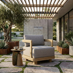 Anderson Teak Granada Deep Seating Accent Armchair in stylish outdoor design with plush cushions, available in nine designer colors.