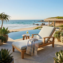 Anderson Teak Brianna Sun Lounger in A-grade teak wood, outdoor patio sunbed with designer color options for garden relaxation.