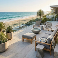 Southbay deep seating outdoor teak ottoman by Anderson Teak, featuring a sleek design in a rich, natural teak finish.