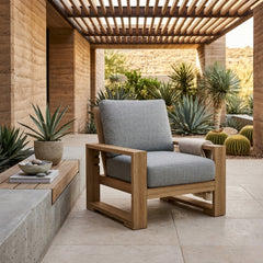Anderson Teak Capistrano deep seating accent chair in stylish outdoor design with plush cushions, available in nine colors.