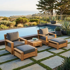 Anderson Teak 5-piece teak wood deep seating sofa set with cushions, outdoor patio furniture in designer colors.