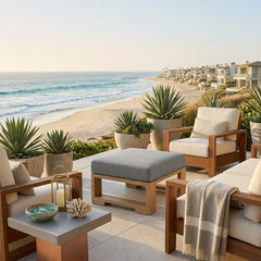 Anderson Teak Capistrano deep seating outdoor ottoman in natural teak wood, shown with 9 designer color options for patio relaxation.