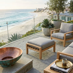 Anderson Teak NATSEPA outdoor teak wood ottoman in natural finish, stylish patio footstool with 9 designer color options
