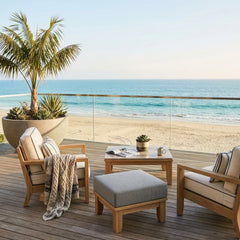 Luxury Anderson Teak ottoman with cushion, outdoor teak footstool in 9 designer colors, ideal for patios and outdoor seating.