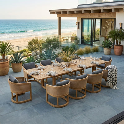 Outdoor teak dining table set by Anderson Teak featuring sleek design and smooth A-grade teak finish for patio use.