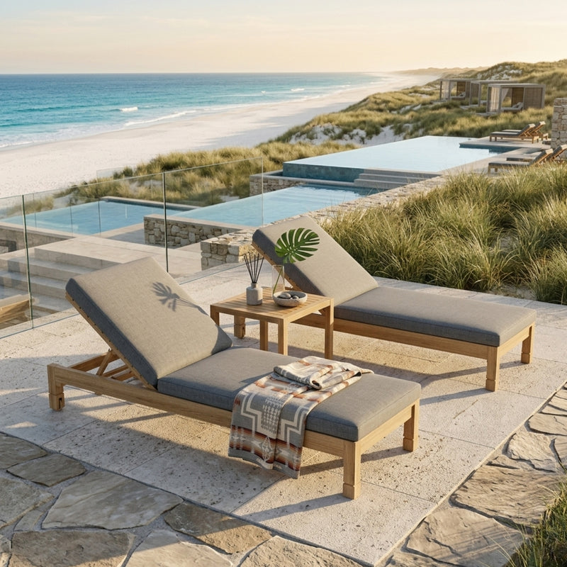 Southbay Sun Lounger by Anderson Teak, luxury outdoor patio sunbed in 9 designer colors, perfect for garden lounging.