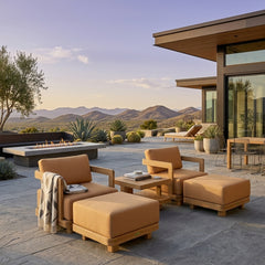 Anderson Teak SET-905 5-piece Granada deep seating outdoor patio set with swivel chairs and ottomans in teak for garden lounge.