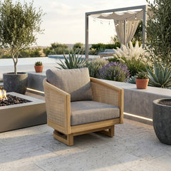 Anderson Teak Catania swivel chair with teak wood frame, deep seating, and available in 9 designer colors for outdoor patio or garden.