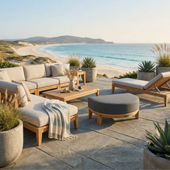 Anderson Teak Coronado Ottoman, luxury outdoor teak footstool, shown in one of the 9 designer colors, ideal for patio relaxation.