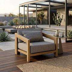 Anderson Teak Smyrna lounge accent chair with teak wood frame, deep outdoor seating, in a designer color for patio or garden.