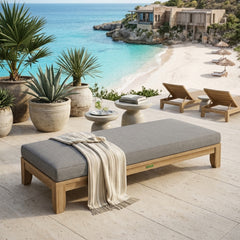 Outdoor daybed by Anderson Teak with A-grade teak wood, featuring a sleek design and available in 9 designer colors.