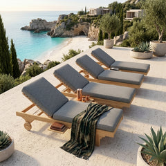 Luxury Anderson Teak sunbed set with nine designer color options, outdoor patio sun lounger for garden lounge relaxation.