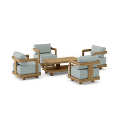 Five-piece Granada deep seating outdoor sofa set by Anderson Teak with teak wood frames and plush cushions for garden lounge.