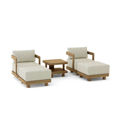 Anderson Teak SET-905 5-piece Granada deep seating outdoor patio set with teak swivel chairs and ottomans for garden lounge.