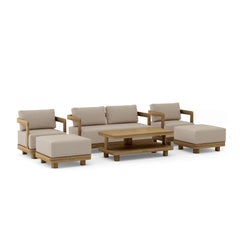Six-piece Granada deep seating outdoor sofa set by Anderson Teak with teak wood frames and comfortable cushions for garden lounging