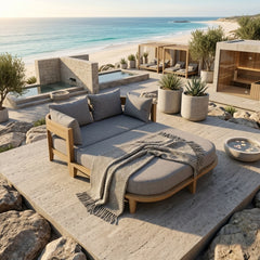 Anderson Teak Coronado outdoor patio daybed with plush cushions, available in 9 designer colors, perfect for garden lounge relaxation.