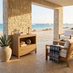 Anderson Teak Palermo Cabinet, a luxury outdoor teak cabinet for patio storage with sleek design and natural wood finish.