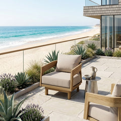 Anderson Teak Toscana Swivel Lounge Chair made of solid teak wood with a cushioned seat, available in nine designer colors for outdoor patio.