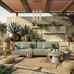 Anderson Teak Smyrna teak wood 4-seater outdoor patio sofa with cushions, perfect for garden lounge seating.