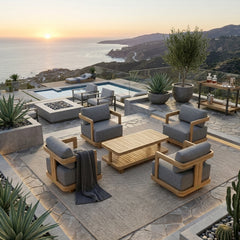 Anderson Teak SET-905 5-piece Granada deep seating outdoor sofa set with teak finish, includes swivel chairs for garden lounge.