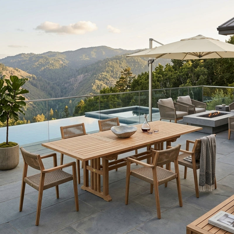 Anderson Teak Sahara 106-inch rectangular outdoor dining table with double extension, made of A-grade teak for patio use.