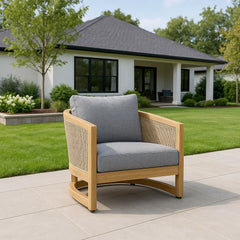 Anderson Teak Catania deep seating armchair, outdoor accent chair in cast pomegranate color, with plush cushions for patio or garden.