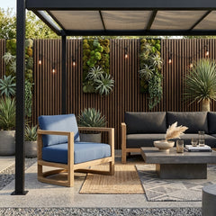 Anderson Teak Junus Lounge Armchair in cast pomegranate teak wood, outdoor accent chair with deep seating, part of designer color collection.