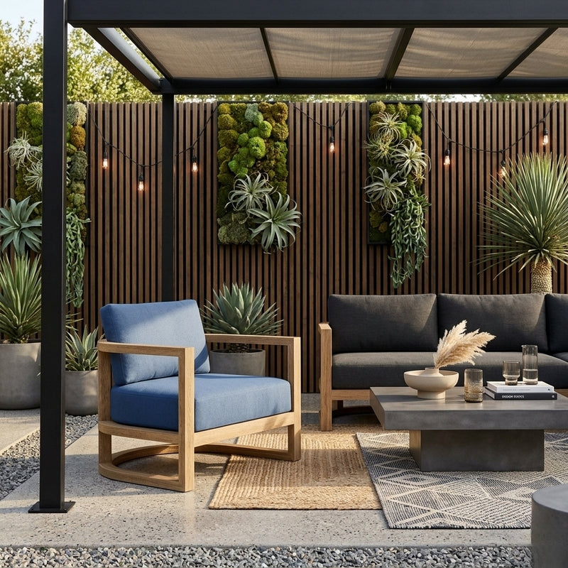 Anderson Teak Junus Lounge Armchair in cast pomegranate teak wood, outdoor accent chair with deep seating, part of designer color collection.