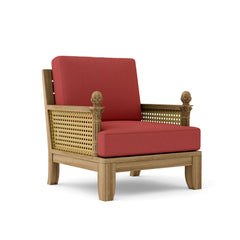 Anderson Teak Luxe Teak Wood Accent Chair with deep seating, cast pomegranate color, suitable for outdoor patio and garden.