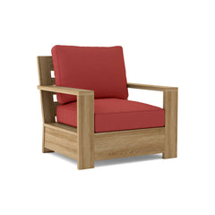 Anderson Teak Madera Teak Wood Deep Seating Accent Chair in cast pomegranate color, outdoor patio or garden seating.