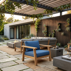 Anderson Teak Palermo teak wood deep seating armchair with cast pomegranate cushion, outdoor accent chair in designer colors.