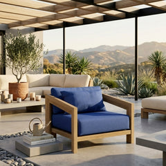 Anderson Teak Smyrna Lounge Armchair in cast pomegranate with teak wood frame, outdoor patio accent chair in 9 designer colors.