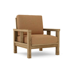 SouthBay teak wood accent chair by Anderson Teak with deep seating in cast pomegranate color, ideal for outdoor patio or garden.
