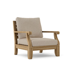 Anderson Teak Riviera modular armchair in cast Pomegranate, outdoor teak wood lounge chair with deep seating for patio and garden.