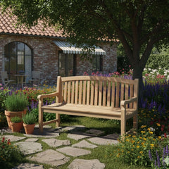 Chelsea 3-seater bench by Anderson Teak in various designer colors, showcasing a stylish wooden outdoor seating option.