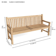 Anderson Teak classic 4-seater bench in a natural wood finish with four seats and sleek design, available in nine designer colors.