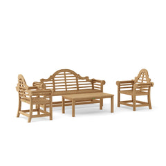 Anderson Teak bench conversation set with 45-inch teak bench and matching seating, ideal for outdoor patio or garden.