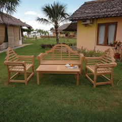 Anderson Teak bench conversation set with a sturdy teak wood bench, ideal for outdoor seating and relaxing in a garden or patio area.