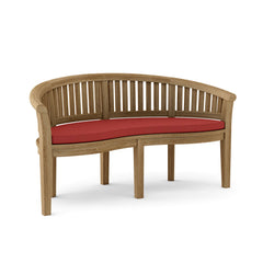 Outdoor Anderson Teak bench from the conversation set in a garden, featuring sleek design and available in nine designer colors.