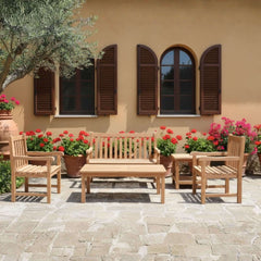 Anderson Teak bench conversation set with wooden bench and matching chairs, perfect for outdoor patio or garden seating.