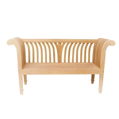 Colorful Cleopatra Curve Bench by Anderson Teak featuring a sleek, curved wooden design in nine designer shades.