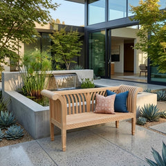 Anderson Teak Cleopatra Curve Bench in 9 designer colors, featuring a stylish, contoured wooden seating design.