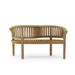 Anderson Teak Curve Love Seat Bench in a designer color, featuring a sleek, curved wooden seat with sturdy legs for outdoor or indoor use.