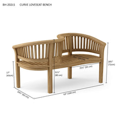 Anderson Teak Curve Love Seat Bench in one of nine designer colors, featuring a stylish and comfortable wooden seating option.